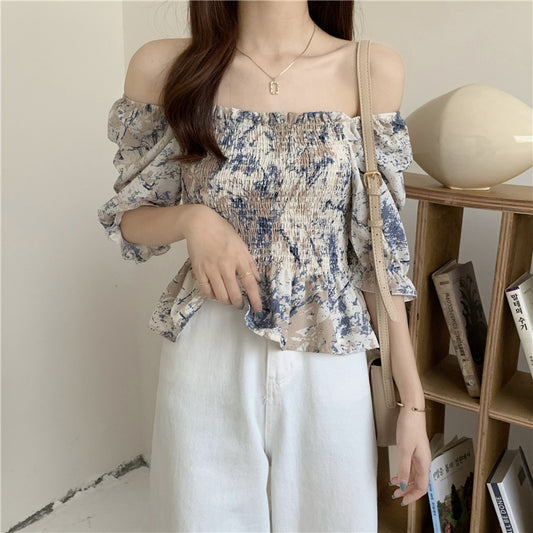 Slim Blouse French Style Tops Leaves Flower Print  Shirt women Elastic Body women's clothing official