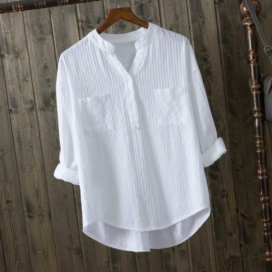 100% cotton white blouse women shirt spring summer elegant V-Neck ladies tops haut femme blusa womens tops and blouses