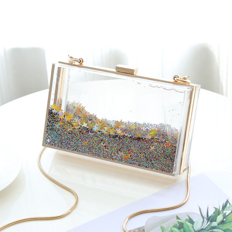Womens Transparent Sequins Chain Clutch Evening Handbag