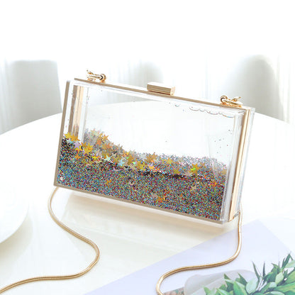 Womens Transparent Sequins Chain Clutch Evening Handbag