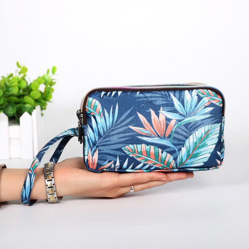 Cartera de tela con estampado floral para mujer - Cartera de mano con doble cremallera y correa para la muñeca