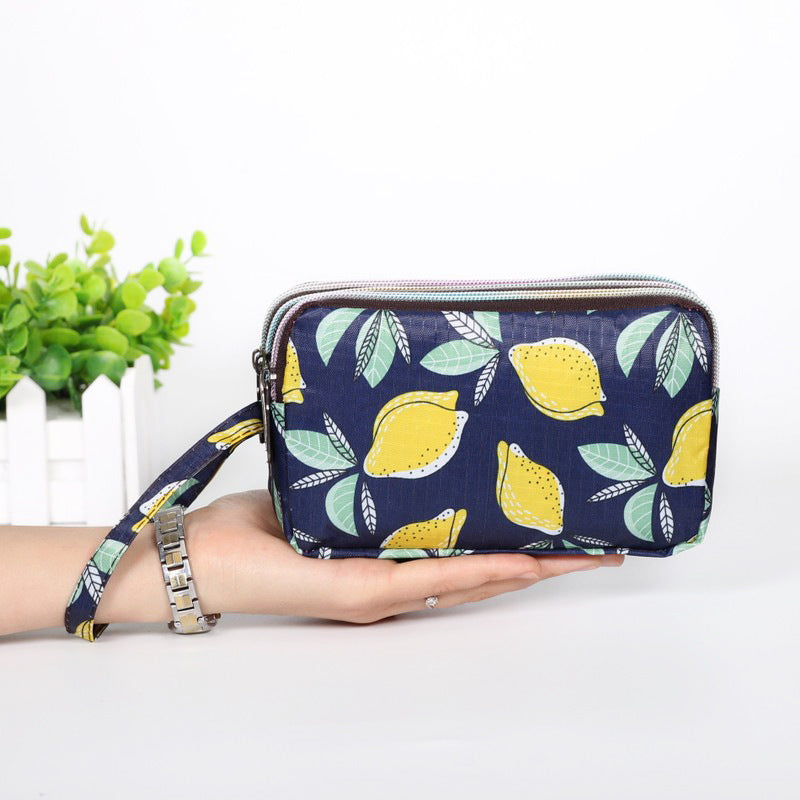 Cartera de tela con estampado floral para mujer - Cartera de mano con doble cremallera y correa para la muñeca