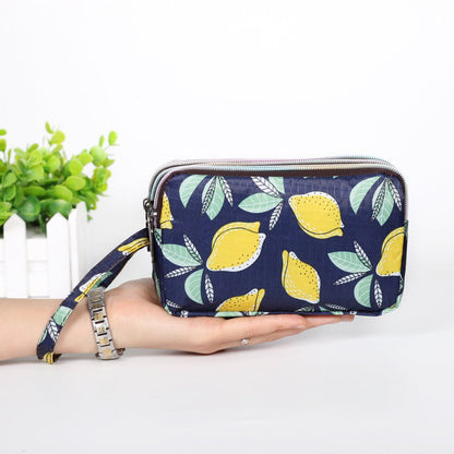 Cartera de tela con estampado floral para mujer - Cartera de mano con doble cremallera y correa para la muñeca