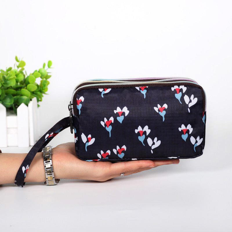 Cartera de tela con estampado floral para mujer - Cartera de mano con doble cremallera y correa para la muñeca