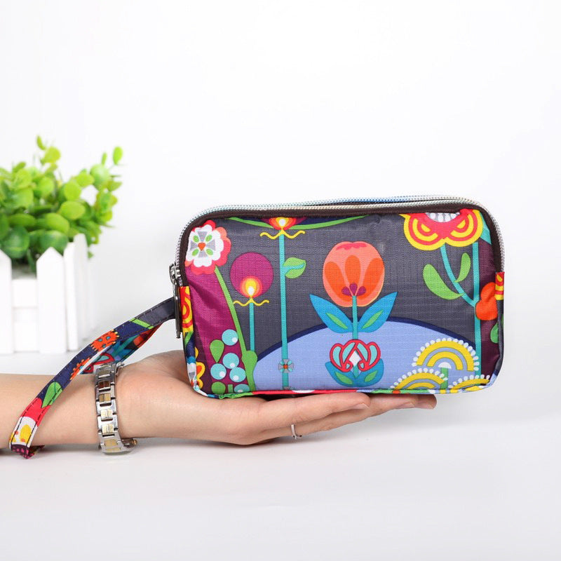 Cartera de tela con estampado floral para mujer - Cartera de mano con doble cremallera y correa para la muñeca