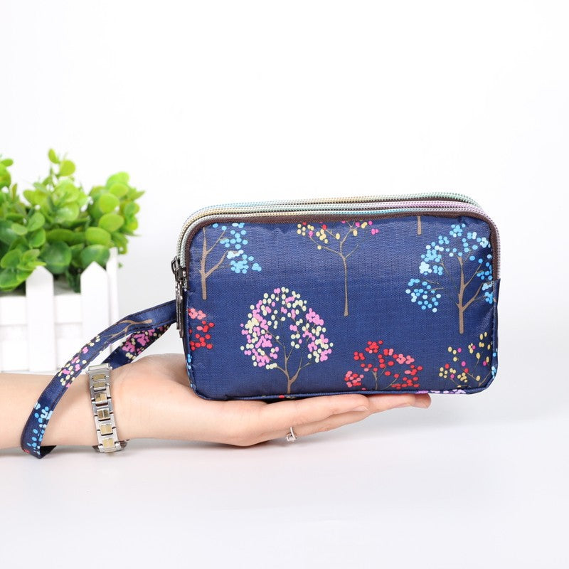 Cartera de tela con estampado floral para mujer - Cartera de mano con doble cremallera y correa para la muñeca