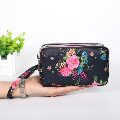 Cartera de tela con estampado floral para mujer - Cartera de mano con doble cremallera y correa para la muñeca