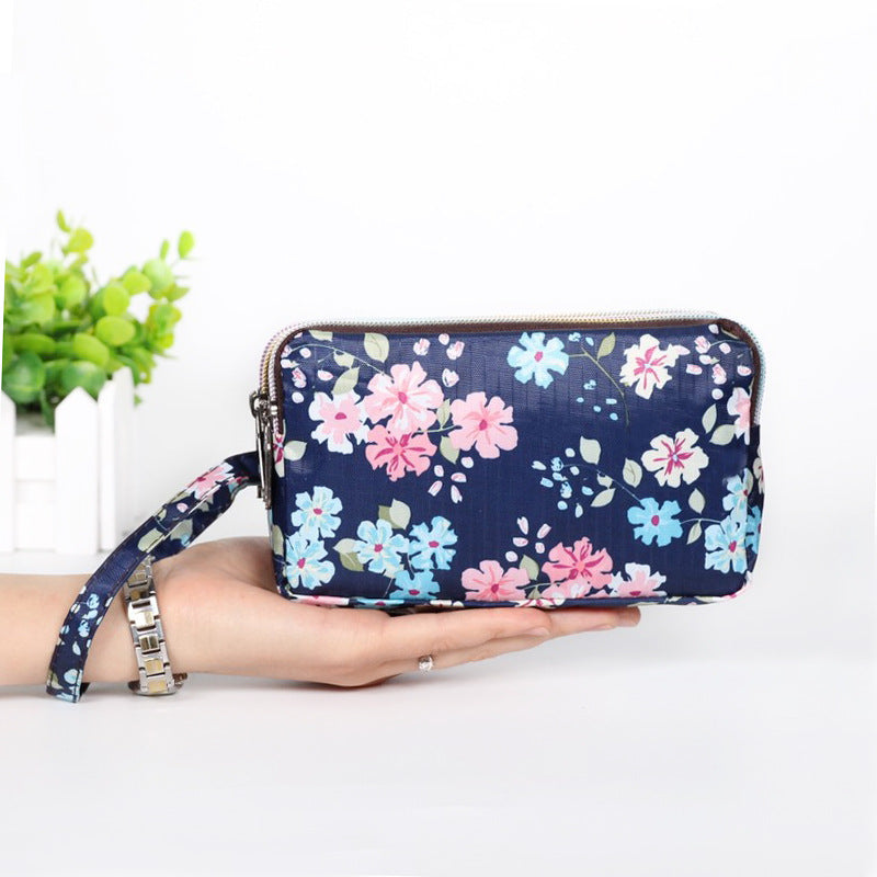 Cartera de tela con estampado floral para mujer - Cartera de mano con doble cremallera y correa para la muñeca
