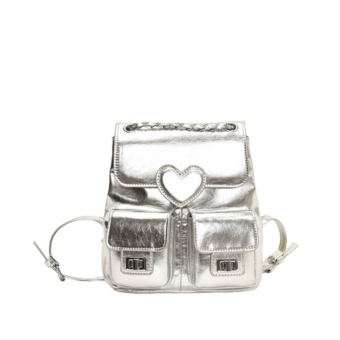 Mochila de mujer con estampado de corazones, mochila versátil con cadena, bolso pequeño de viaje a la moda para mujer 