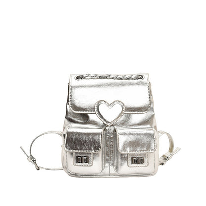 Mochila de mujer con estampado de corazones, mochila versátil con cadena, bolso pequeño de viaje a la moda para mujer 