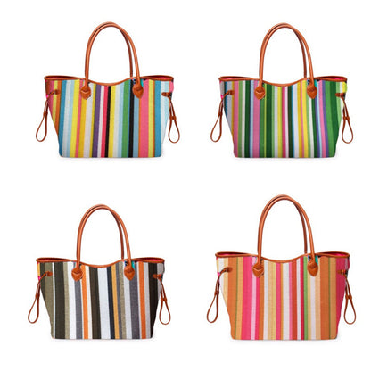 Women’s Rainbow Striped Tote – Multicolor Handbag, Shoulder Beach Shopper