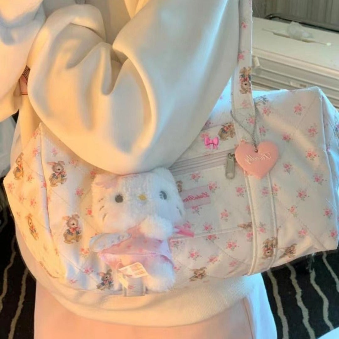 Bolso tote de gran capacidad para niñas, bolso para viajes cortos, bolso acolchado con estampado floral, bolso de hombro para estudiantes. 