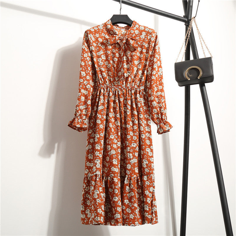 Long Sleeve Floral Print Chiffon Dress - Medium Lace Up Slim Fit Women's Dress