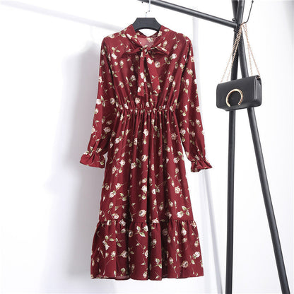 Long Sleeve Floral Print Chiffon Dress - Medium Lace Up Slim Fit Women's Dress -dropshippingabc.com