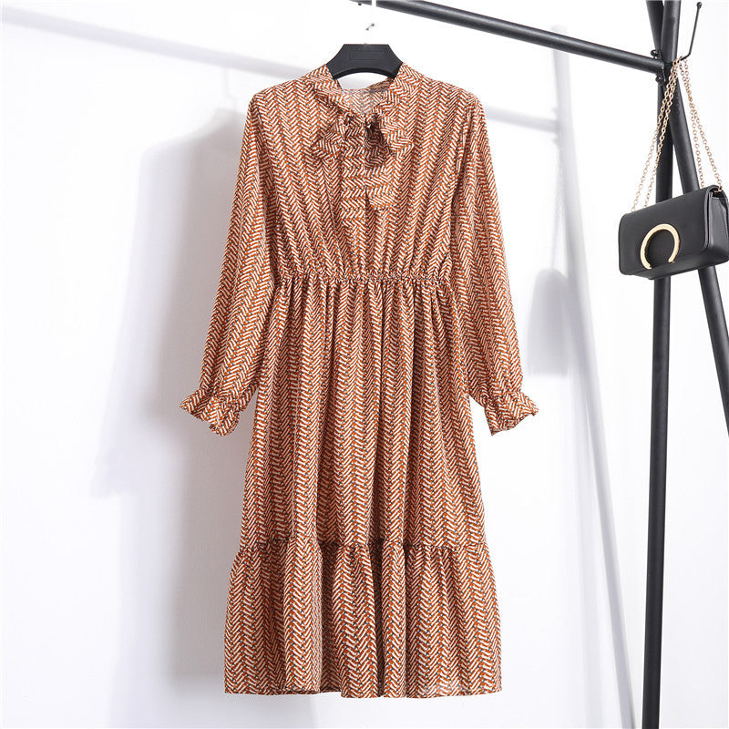 Long Sleeve Floral Print Chiffon Dress - Medium Lace Up Slim Fit Women's Dress