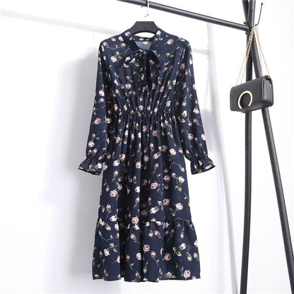 Long Sleeve Floral Print Chiffon Dress - Medium Lace Up Slim Fit Women's Dress