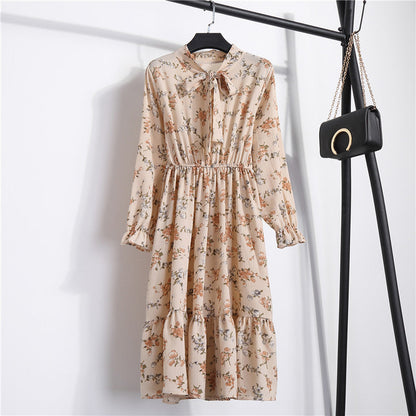 Long Sleeve Floral Print Chiffon Dress - Medium Lace Up Slim Fit Women's Dress