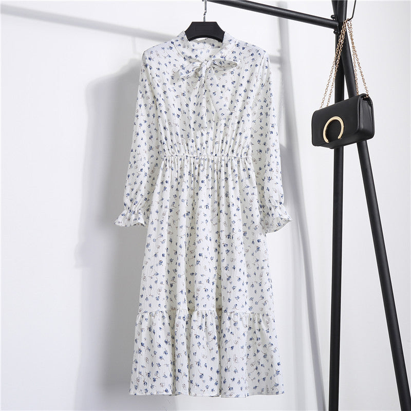 Long Sleeve Floral Print Chiffon Dress - Medium Lace Up Slim Fit Women's Dress