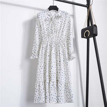 Long Sleeve Floral Print Chiffon Dress - Medium Lace Up Slim Fit Women's Dress