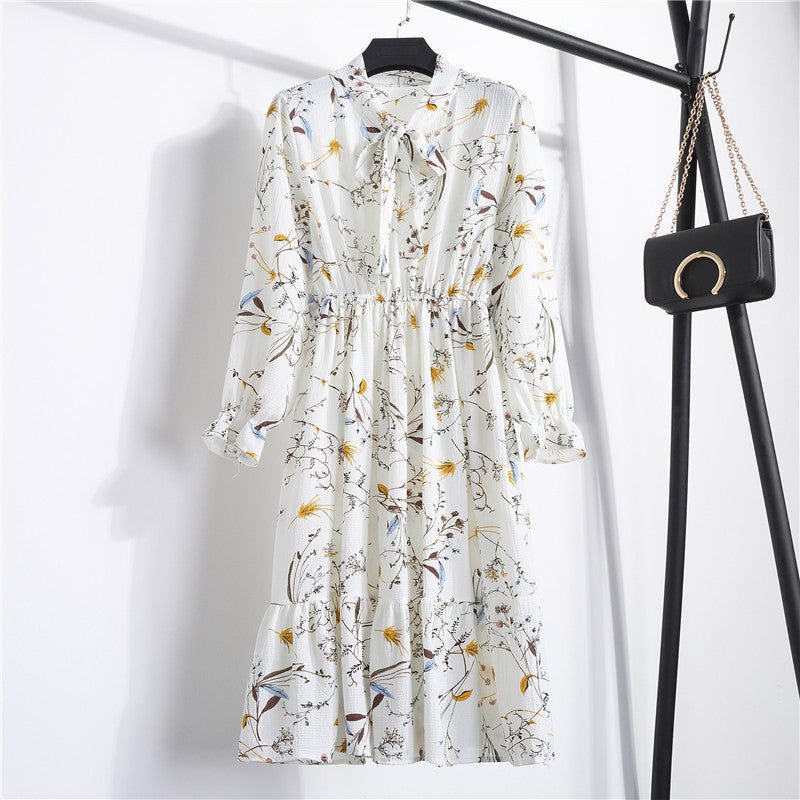 Long Sleeve Floral Print Chiffon Dress - Medium Lace Up Slim Fit Women's Dress