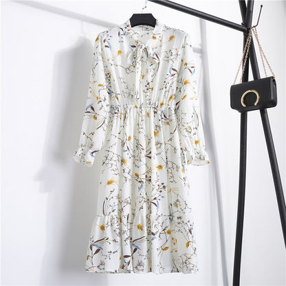 Long Sleeve Floral Print Chiffon Dress - Medium Lace Up Slim Fit Women's Dress