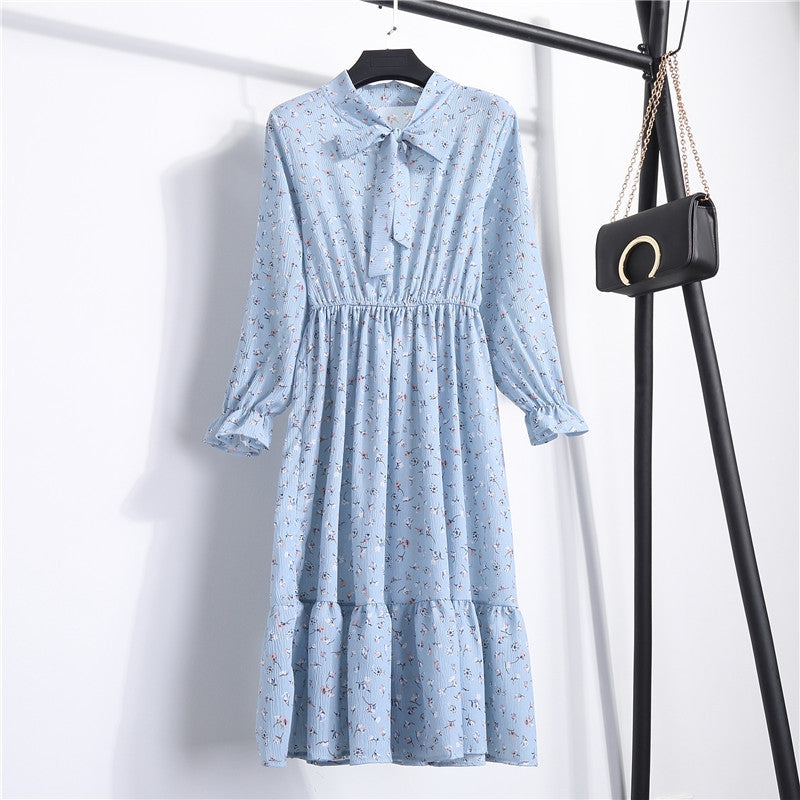 Long Sleeve Floral Print Chiffon Dress - Medium Lace Up Slim Fit Women's Dress