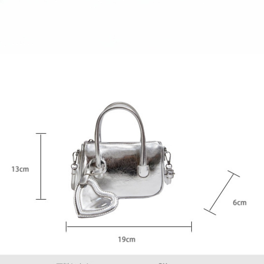 Mini tote handbag silver, women's summer shoulder crossbody bag, versatile love small square bag, mini top handle purse