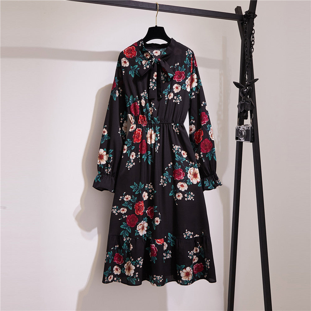 Long Sleeve Floral Print Chiffon Dress - Medium Lace Up Slim Fit Women's Dress