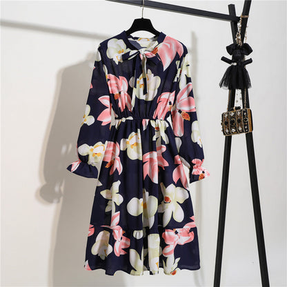 Long Sleeve Floral Print Chiffon Dress - Medium Lace Up Slim Fit Women's Dress
