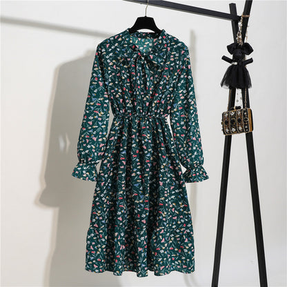 Long Sleeve Floral Print Chiffon Dress - Medium Lace Up Slim Fit Women's Dress -dropshippingabc.com
