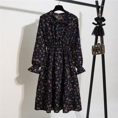 Long Sleeve Floral Print Chiffon Dress - Medium Lace Up Slim Fit Women's Dress -dropshippingabc.com