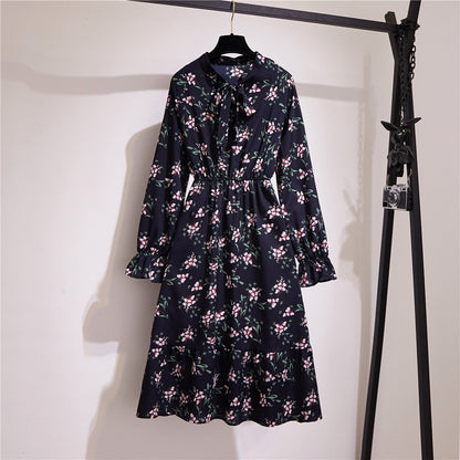 Long Sleeve Floral Print Chiffon Dress - Medium Lace Up Slim Fit Women's Dress
