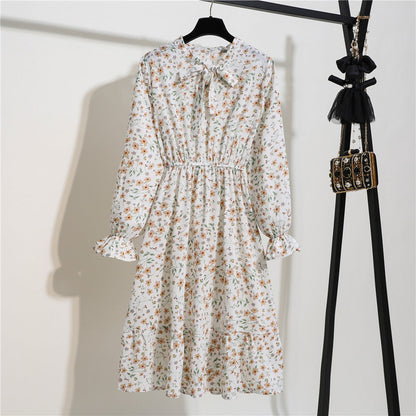 Long Sleeve Floral Print Chiffon Dress - Medium Lace Up Slim Fit Women's Dress