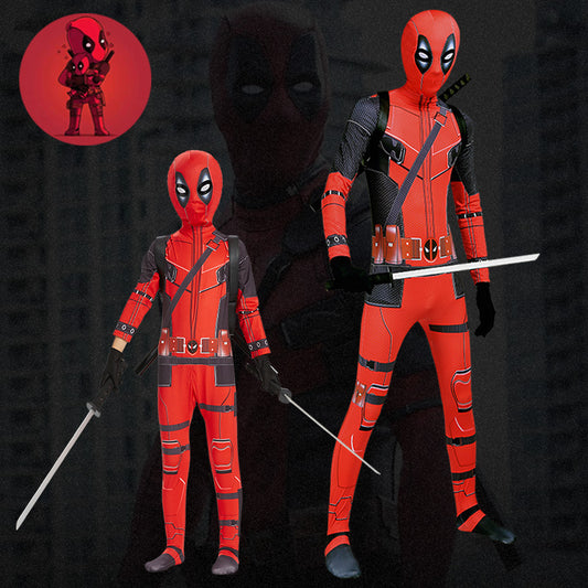 Disfraz de Deadpool para Halloween: mono ajustado para niños, mochila con doble cuchillo para adultos, traje para niños.