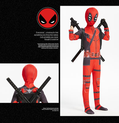 Disfraz de Deadpool para Halloween: mono ajustado para niños, mochila con doble cuchillo para adultos, traje para niños.