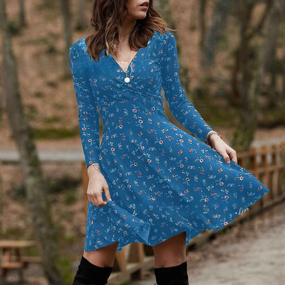 Vestido de manga larga con cuello en V y estampado floral retro 