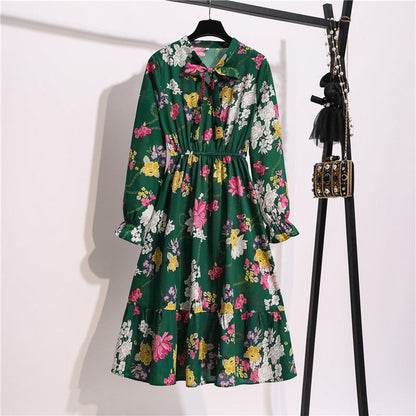 Long Sleeve Floral Print Chiffon Dress - Medium Lace Up Slim Fit Women's Dress -dropshippingabc.com