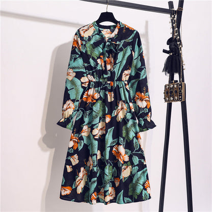 Long Sleeve Floral Print Chiffon Dress - Medium Lace Up Slim Fit Women's Dress -dropshippingabc.com