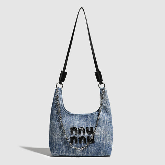 Simple retro small bucket bag, Versatile denim underarm bag, Chain bag Crossbody bag, slouch hobo purse