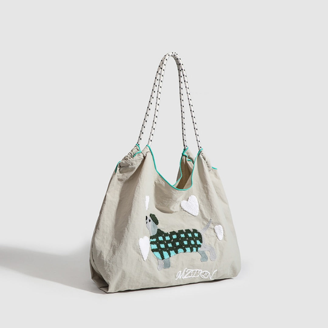 Large Capacity hobo bag with Embroidered Dog pattern, Shoulder bag Nylon, Shoulder Underarm Bag, Commuter hobo Bag Female