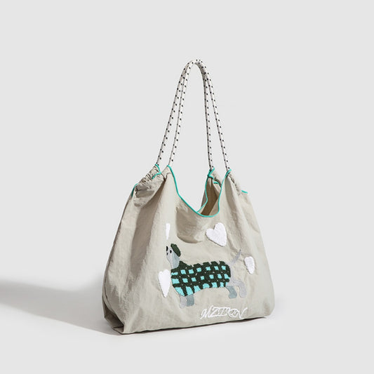Bolso hobo de gran capacidad con bordado de perro, bolso de hombro de nailon, bolso bandolera, bolso hobo para mujer 
