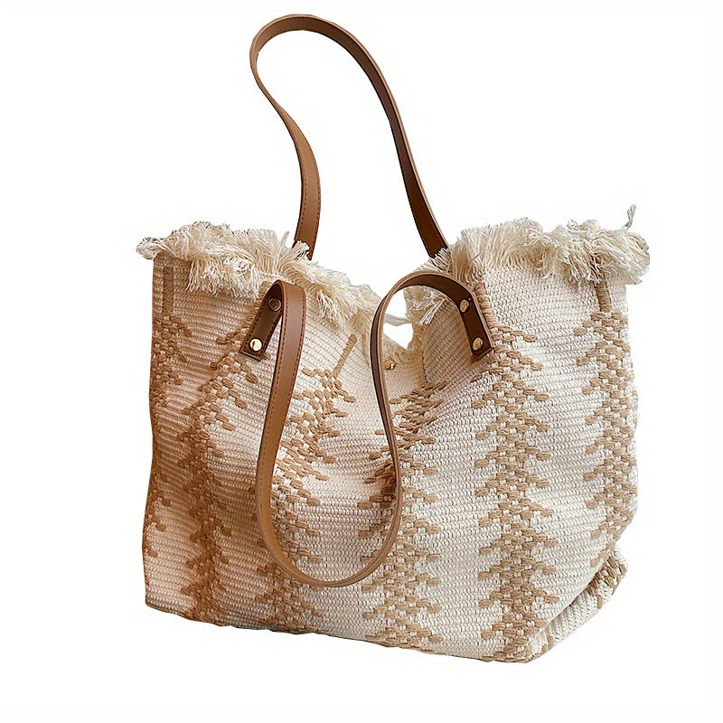 Bolso tote de lona tejida estilo bohemio, bolso étnico sencillo