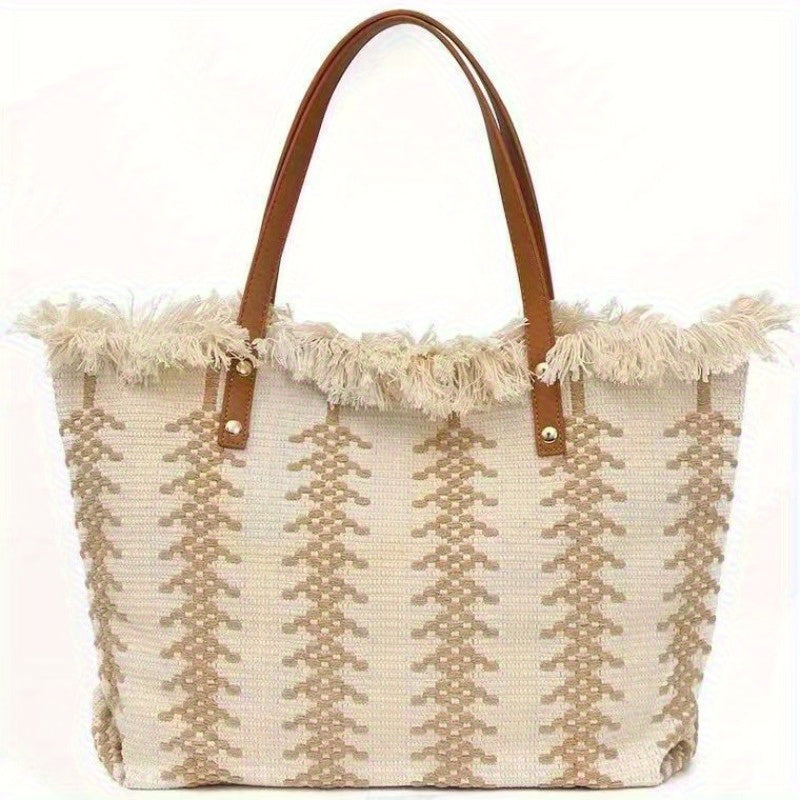 Bolso tote de lona tejida estilo bohemio, bolso étnico sencillo