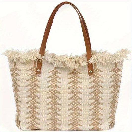 Bolso tote de lona tejida estilo bohemio, bolso étnico sencillo