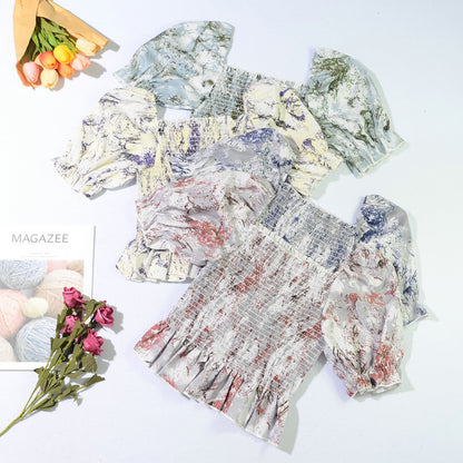 Slim Blouse French Style Tops Leaves Flower Print  Shirt women Elastic Body women's clothing official