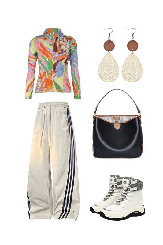 Women's Pleated Print Long Sleeve Polo Shirt