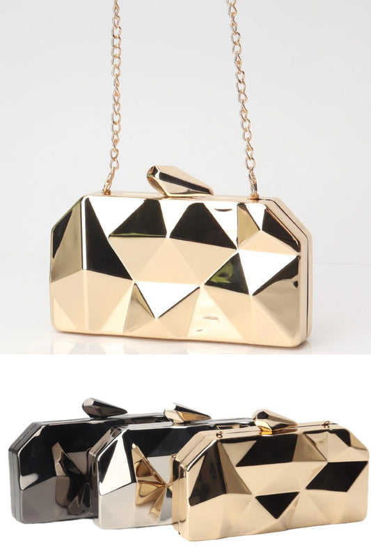 Bolso de noche acrílico con entramado geométrico - Bolso de mano de metal con cadena