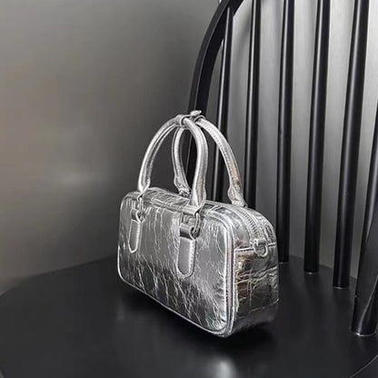 Retro crossbody bag, small square bag, small top handle purse metallic