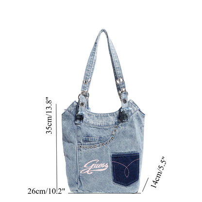 Washed denim underarm bag, Spice girl sweet cool retro hobo bag, fashionable splicing shoulder bag, versatile hobo women's bag