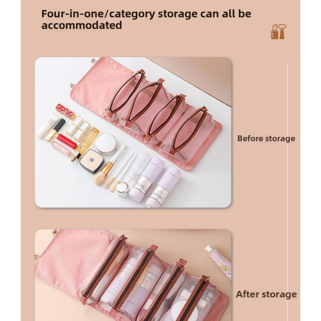 Bolsas de maquillaje portátiles de gran capacidad para viajes, organizadores de bolsas de maquillaje, se pueden dividir en una bolsa de cosméticos cuatro en uno, bolsa de artículos de aseo y organizador de bolsas de aseo. 